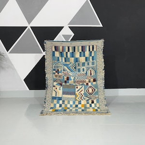 Vintage Taznakht Wolle Hängende Karierte Kunst Muster, Wandteppich Hängende Wandkunst für Ihre Lounge, pädagogische Chart Blue Liebhaber Rug