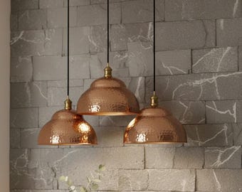 Handmade Hammered Copper Pendant Light Set, Modern Rustic Kitchen Island Lighting