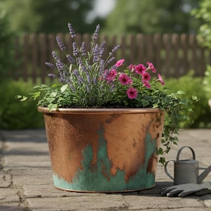 Può includere: Una fioriera color rame con finitura verde rame, piena di lavanda, petunie rosa e edera. Un piccolo annaffiatoio e guanti da giardinaggio sono nelle vicinanze. Altre piante in vaso sono sullo sfondo.