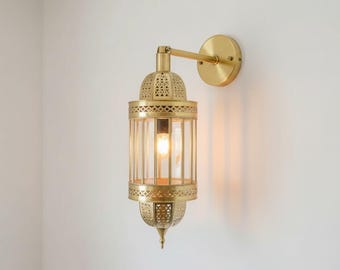 Handmade Moroccan Brass Wall Sconce, Frosted Glass Lighting