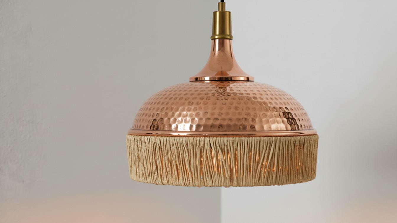 Handwoven Raffia Pendant Light, Copper Dome, Moroccan Boho Lamp Shade ...