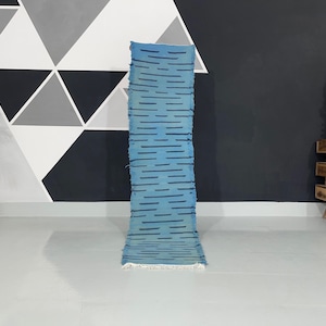 Vintage Blue Kilim - Handmade Tribal - Moroccan Blue Rug - Minimalist Decor Aesthetic - Flat Wool Carpet - Moroccan Sky Rug Runner