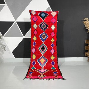 Vintage Red Boucherouite Runner, Moroccan Runner Rug recycled runner rug.