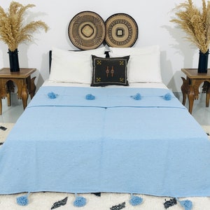 Moroccan Pompom Blanket, Moroccan Blanket, Moroccan Throw Blanket, Pom Poms, Boho Blanket, Bed Cover, Modern Decor Light Sky Blue Blanket
