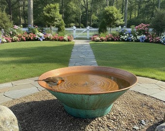 Handcrafted Copper Bird Bath, Green Patina Finish, Garden Stake