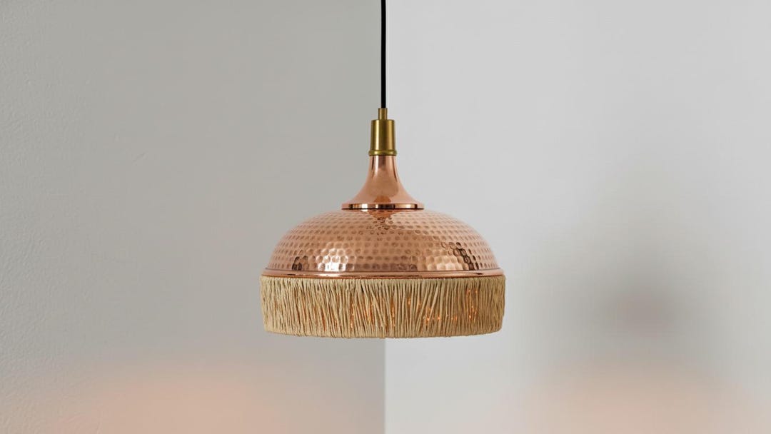 Handwoven Raffia Pendant Light, Copper Dome, Moroccan Boho Lamp Shade ...