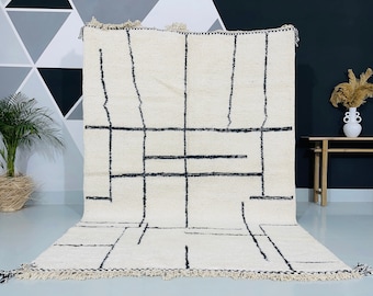Handmade Beni Ourain Rug: Chic Moroccan Wool Rug, White & Black Abstract Design