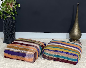 Juego de 2 pufs vintage marroquíes de lana: cojines de suelo kilim cuadrados