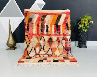 Vintage Moroccan Boujaad Wool Rug, Handmade Colorful Small Rug (4ft x 5.41ft)