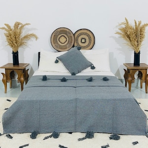 Moroccan Wedding Blanket Handira POM POM Handmade,berber,bedding blanket, Handmade and High Quality Light Grey Blanket.