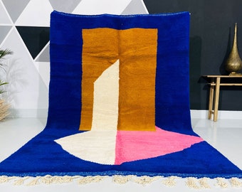 Handmade Beni Ouarain Wool Rug: Moroccan Blue Geometric Area Rug