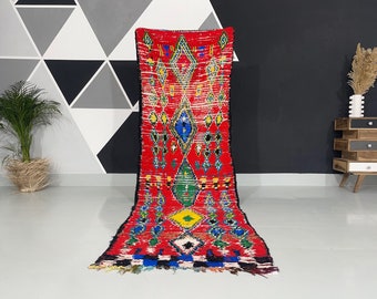 Faded Red Wool Rug: Vintage Tribal Design, Handmade Moroccan Carpet (3.2x10.6 ft)