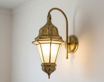 Handmade Moroccan Brass Wall Sconce, Frosted Glass Light