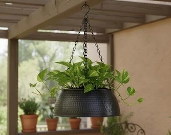 Hammered Brass Hanging Planter, Black Planters, Handmade Flower Pot
