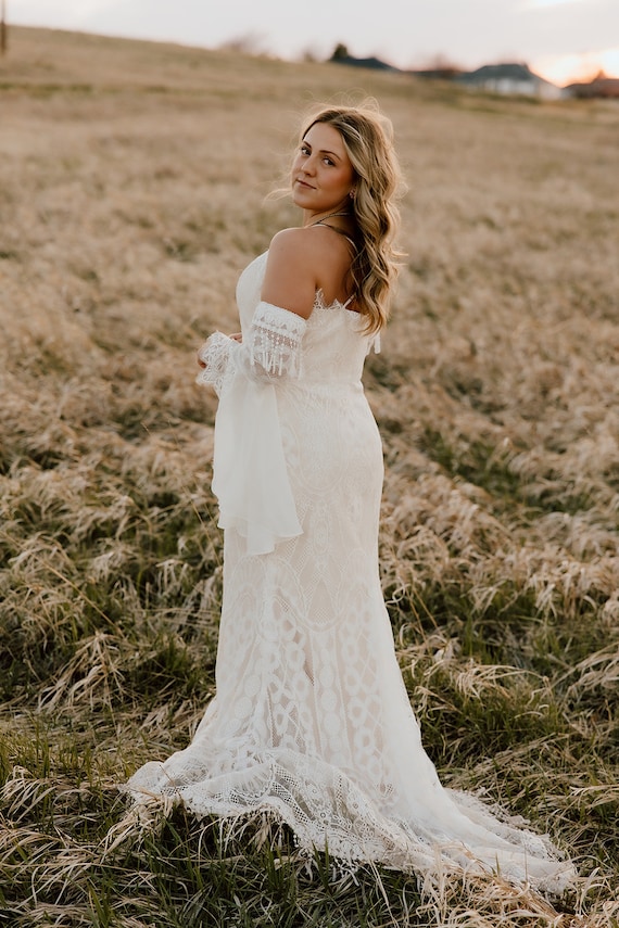 The Blakely Lace Wedding Dress With Detachable Sleeves and Overskirt The Blakely Lace Wedding Dress With Detachable Sleeves and Overskirt