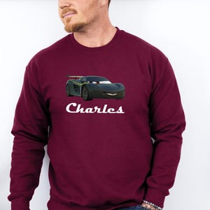 Personalized Cartoon Cars Name Sweatshirt, Disney Cars Crewneck, Lightning Mcqueen Jumper, Fillmore, Francesco Bernoulli, Mater, Doc Hudson image 3