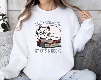 Cat and Book Sweatshirt, Cat Lovers Crewneck, Book Lover Top, Funny Book Jumper, Women Cat Hody, Cat Mum Gift, Cat Xmas Gift, Bookish Gift