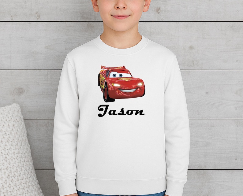 Personalized Cartoon Cars Name Sweatshirt, Disney Cars Crewneck, Lightning Mcqueen Jumper, Fillmore, Francesco Bernoulli, Mater, Doc Hudson image 1