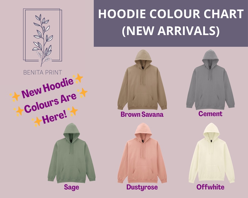 The image is a collage of six hoodie designs, each with a different color, displayed against a pink background. The text above the image reads "HOODIE COLOUR CHART (NEW ARRIVALS)" and below each hoodie, there is a color name: "Brown Savana", "Cement", "Brown Savana", "Cement", "Offwhite", and "Sage".