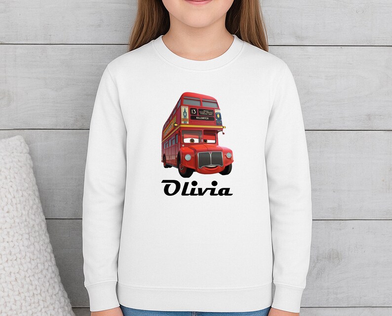 Personalized Cartoon Cars Name Sweatshirt, Disney Cars Crewneck, Lightning Mcqueen Jumper, Fillmore, Francesco Bernoulli, Mater, Doc Hudson image 2