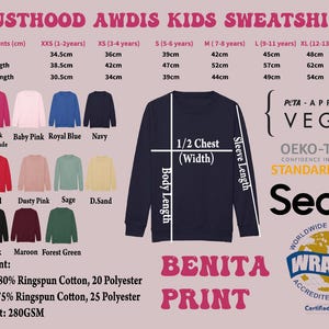 The image is a collage of various children's sweatshirts in different colors and sizes, along with measurements and descriptions of the sweatshirts.