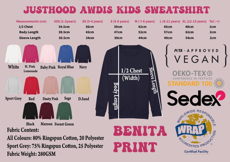 The image is a collage of various children's sweatshirts in different colors and sizes, along with measurements and descriptions of the sweatshirts.