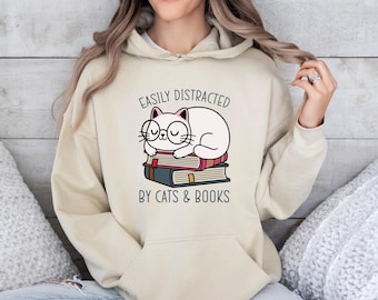 Cat and Book Hoodie, Cat Lovers Pullover, Book Lover Hoodie, Funny Book Hoodie, Women Cat Hody, Cat Mum Gift, Cat Christmas Top,Bookish Gift