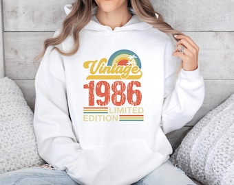 Vintage Limited Edition Hoodie, Custom Birth Year Retro Pullover, Personalised Aesthetic Sunset Palm Tree Top, Groovy Old School Apparel