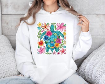 Sea Turtle Hoodie, Tropical Flowers, Boho Beach Pullover, Floral Sea Turtle Hoodie, Turtles Lover Gift, Ocean Life Top, Save The Sea Turtles
