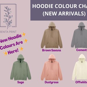 The image is a collage of six hoodie designs, each with a different color, displayed against a pink background. The text above the image reads "HOODIE COLOUR CHART (NEW ARRIVALS)" and below each hoodie, there is a color name: "Brown Savana", "Cement", "Brown Savana", "Cement", "Offwhite", and "Sage".