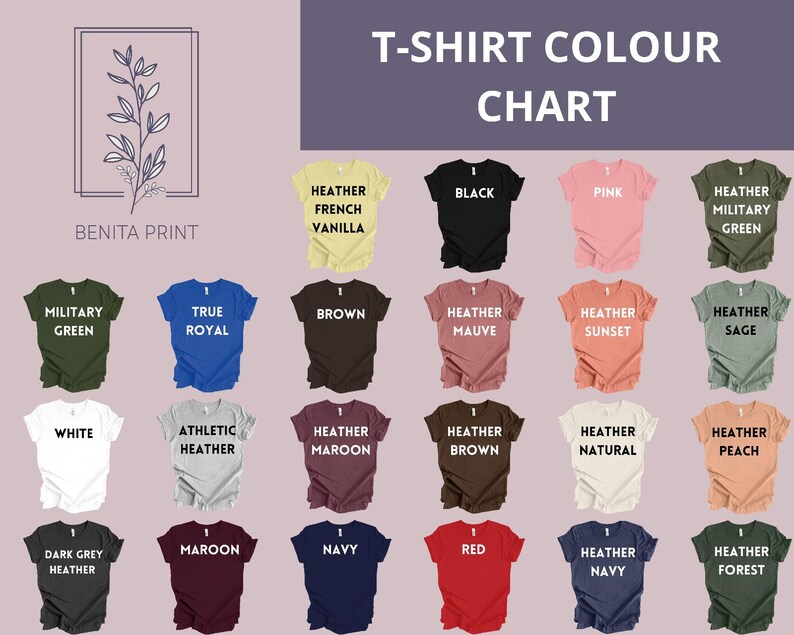a t - shirt color chart with different colors