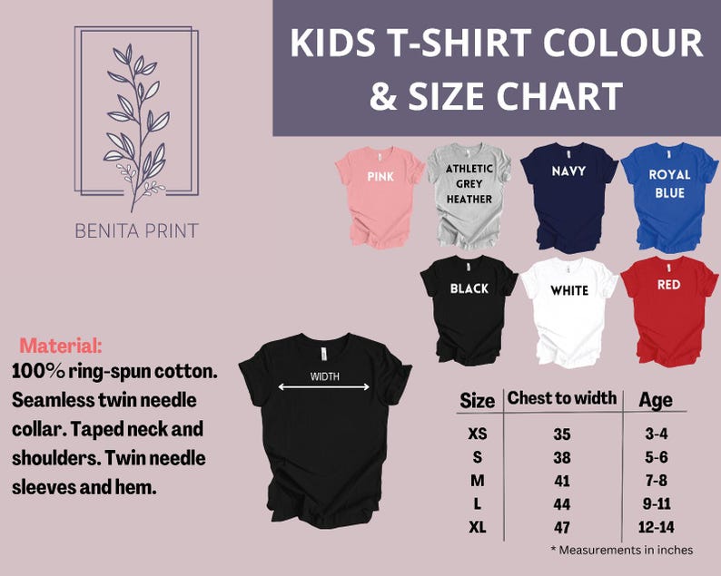 kids't - shirt color and size chart