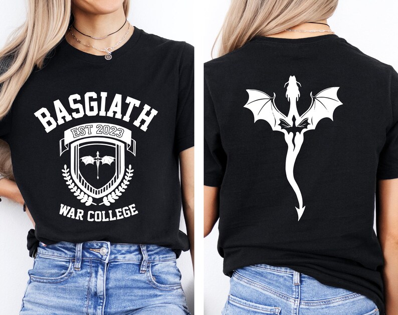 May include: Black t-shirt with a white graphic on the front that says "Basgiath Est 2023 War College" and a white dragon graphic on the back.