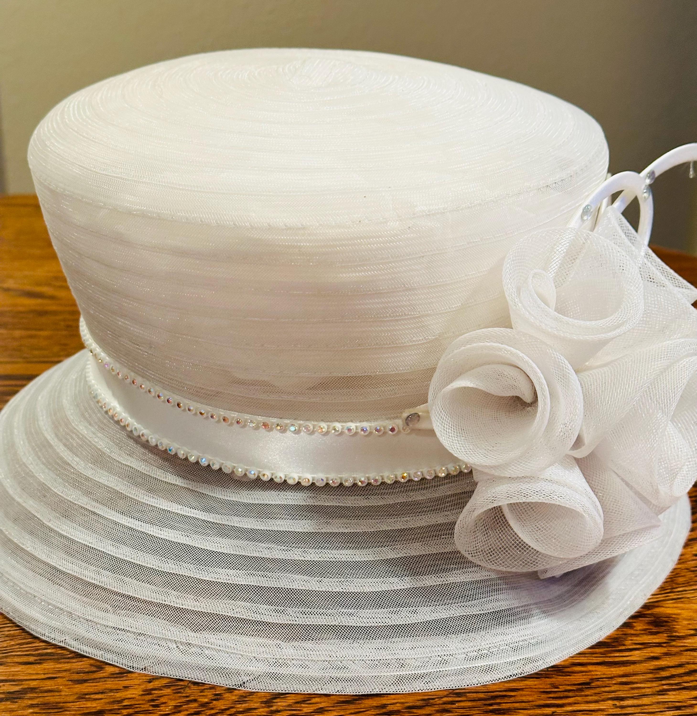Stiff Ribbon Hat Vintage White Formal Hat, Church, Tea Party, Derby, Satin Ribbon With ...