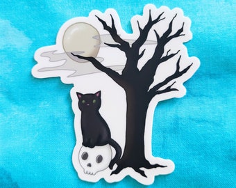 Kawaii Hand Drawn Black Cat Waterproof Die Cut Vinyl Sticker - Halloween, gift, stickers, kitty, goth, spooky, emo, witchy, grunge, cat