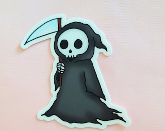 Kawaii Hand Drawn Grim Reaper Waterproof Die Cut Vinyl Sticker - gift, halloween, stickers, grim reaper, death, spooky, goth, emo, grunge