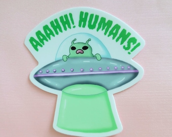 Funny Hand Drawn Scared Alien Waterproof Sticker - aliens, cute, kawaii, scared alien, cute alien, waterproof stickers, funny aliens, humans