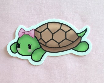 Cute Hand Drawn Kawaii Turtle Waterproof Die Cut Vinyl Sticker - gift, gifts, kawaii, cute, turtles, turtle, bow, stickers, supplies, pink