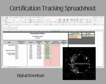 Certification Tracking Excel Spreadsheet - Expiration Dates - Digital Download - Color Formatting