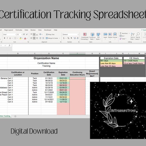 Certification Tracking Excel Spreadsheet - Expiration Dates - Digital Download - Color Formatting