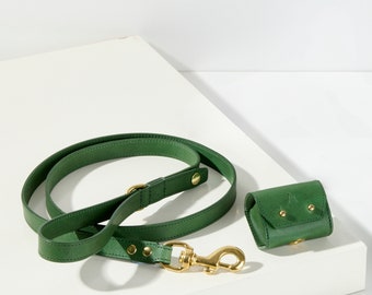 Matching Green Leather Dog Leash & Poo Bag Holder Set | Luxury Gift Idea