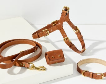 Tan Real Leather Matching Dog Set | Dog Harness | Dog Leash | Dog Poo Bag Holder | Dog Collar