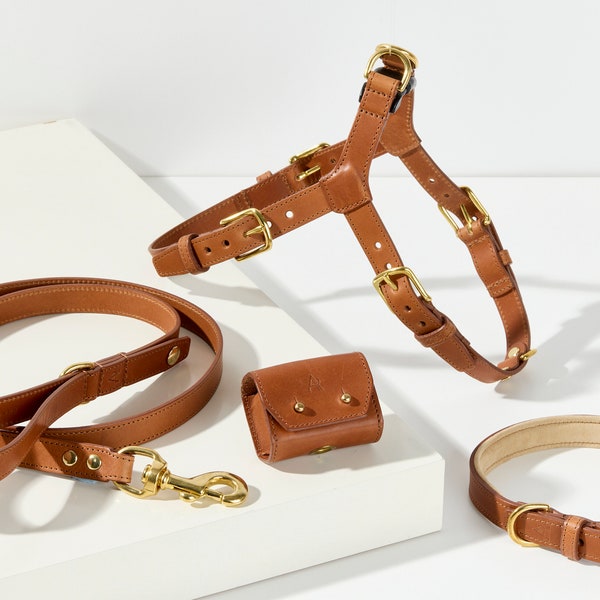 Tan Real Leather Matching Dog Set | Dog Harness | Dog Leash | Dog Poo Bag Holder | Dog Collar