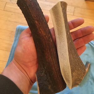 May include: Two antler dog chews, one is light brown and the other is white. The chews are held in a person's hand.