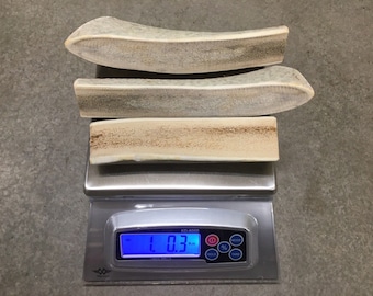 May include: Three antler dog chews on a digital scale, reading 1.03. The chews are light brown and have a rough texture.