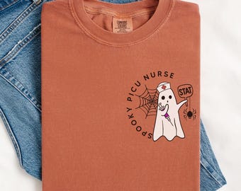Spooky PICU Nurse Halloween Comfort Colors® T-Shirt, Pediatric ICU Nurse Gift, Pediatric Intensive Care Unit Nurse RN Squad Halloween Crew