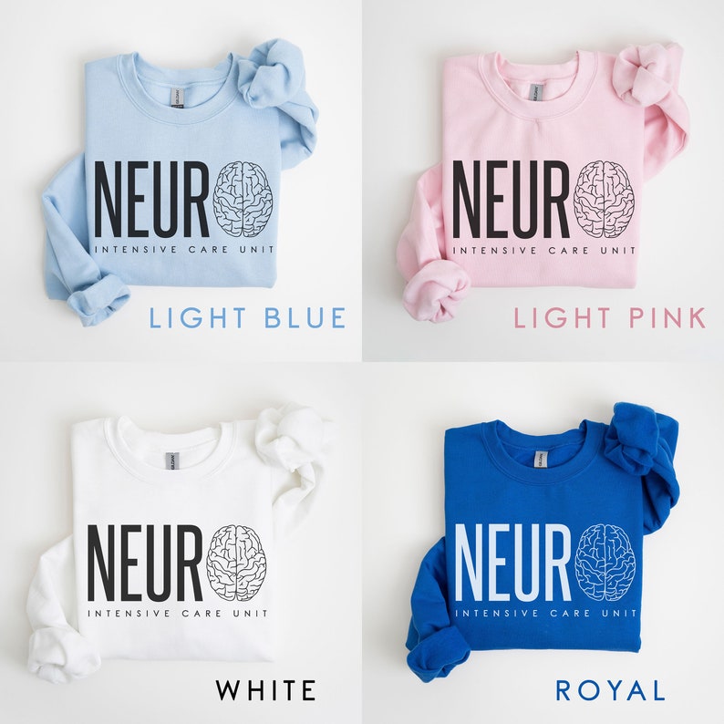 Puede incluir: Cuatro sudaderas de diferentes colores: azul claro, rosa claro, blanco y azul royal. Cada sudadera tiene un dise&ntilde;o gr&aacute;fico de un cerebro con el texto "NEUR INTENSIVE CARE UNIT" impreso en la parte delantera.