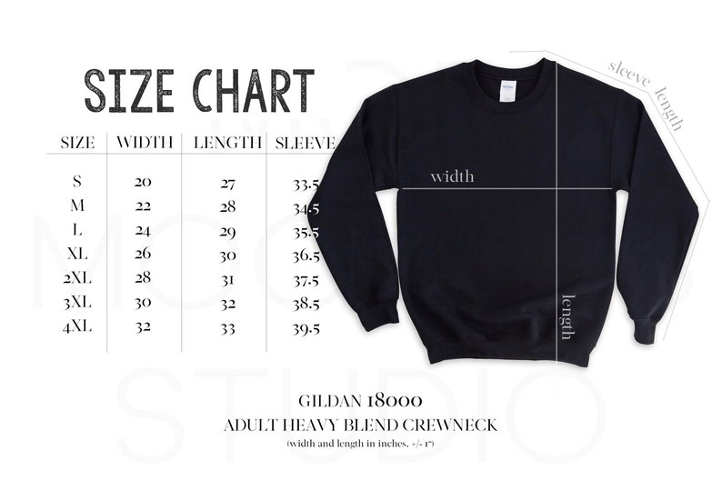 Puede incluir: Tabla de tallas para una sudadera con cuello redondo de mezcla pesada Gildan 18000 para adultos. La tabla muestra las medidas en pulgadas para el ancho, la longitud y la longitud de la manga para las tallas S a 4XL.