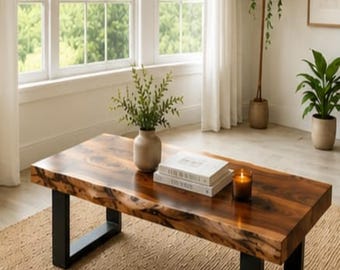 Mesa de centro de nogal con borde natural / Mesa de centro rústica de madera maciza con patas en forma de U