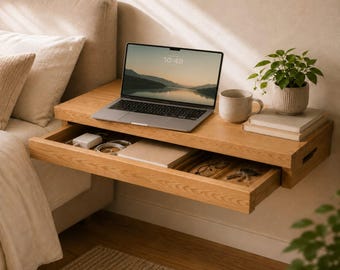 Solid Wood Floating Shelf with Hidden Drawer | Natural Live Edge Wall Storage